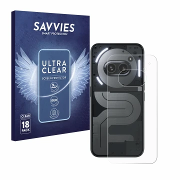 Front side of a product packaging with the brand logo Savvies. Next to it is the device Nothing Phone (2a) Plus (Back) shown w