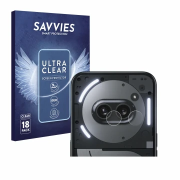 Front side of a product packaging with the brand logo Savvies. Next to it is the device Nothing Phone (2a) Plus (ONLY Camera L