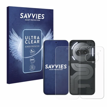 Front side of a product packaging with the brand logo Savvies. Next to it is the device Nothing Phone (2a) Plus (Front+Back) s
