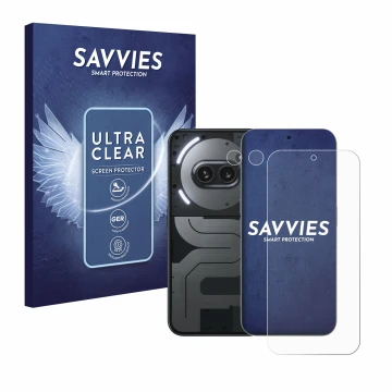 Front side of a product packaging with the brand logo Savvies. Next to it is the device Nothing Phone (2a) Plus (Front+Camera)