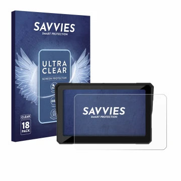 Front side of a product packaging with the brand logo Savvies. Next to it is the device Carpuride W702B 7