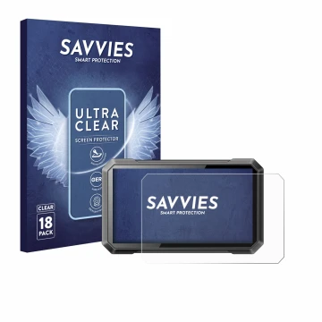 Front side of a product packaging with the brand logo Savvies. Next to it is the device Ricoel Motorcycle CarPlay C7 II shown 