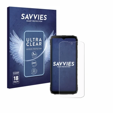 Front side of a product packaging with the brand logo Savvies. Next to it is the device Doogee Blade 10 Ultra shown with the c