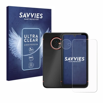 Front side of a product packaging with the brand logo Savvies. Next to it is the device Gigaset GX4 Pro (Front+Camera) shown w