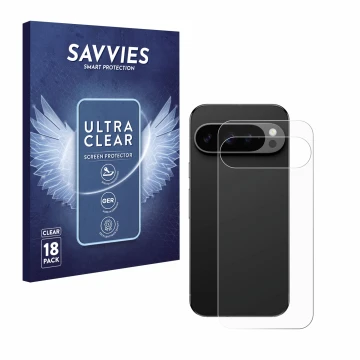 Front side of a product packaging with the brand logo Savvies. Next to it is the device Google Pixel 9 Pro (Back) shown with t