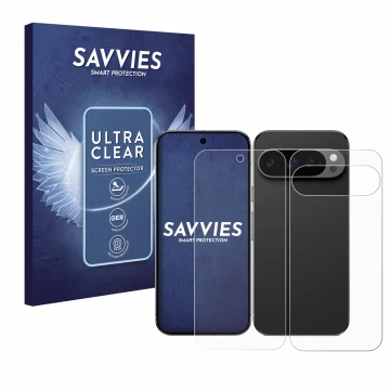 Front side of a product packaging with the brand logo Savvies. Next to it is the device Google Pixel 9 Pro (Front+Back) shown 