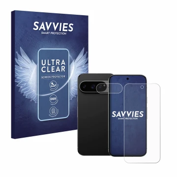 Front side of a product packaging with the brand logo Savvies. Next to it is the device Google Pixel 9 Pro (Front+Camera) show