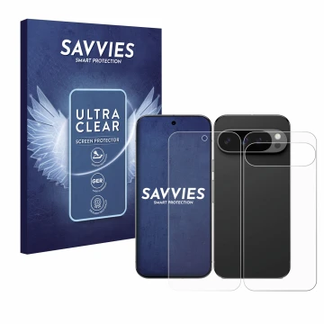 Front side of a product packaging with the brand logo Savvies. Next to it is the device Google Pixel 9 Pro XL (Front+Back) sho