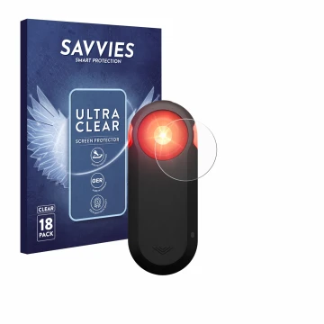 Front side of a product packaging with the brand logo Savvies. Next to it is the device Garmin Varia RTL516 shown with the cor