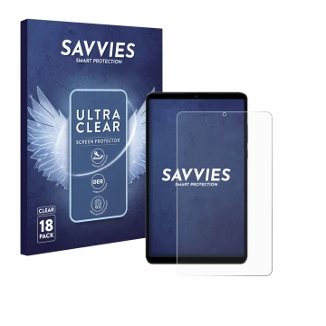 Front side of a product packaging with the brand logo Savvies. Next to it is the device Xiaomi Redmi Pad SE 8.7 shown with the