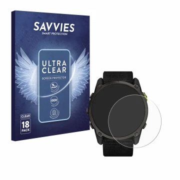 Front side of a product packaging with the brand logo Savvies. Next to it is the device Garmin Enduro 3 shown with the corresp