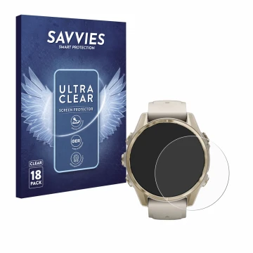 Front side of a product packaging with the brand logo Savvies. Next to it is the device Garmin Fenix 8 (43 mm) shown with the 