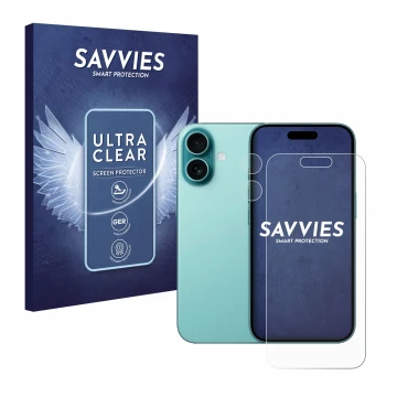 Front side of a product packaging with the brand logo Savvies. Next to it is the device Apple iPhone 16 (Front+Camera) shown w