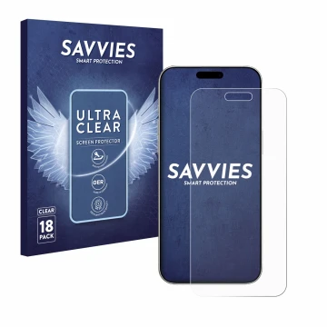 Front side of a product packaging with the brand logo Savvies. Next to it is the device Apple iPhone 16 Plus shown with the co