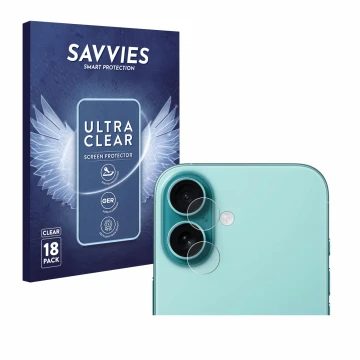 Front side of a product packaging with the brand logo Savvies. Next to it is the device Apple iPhone 16 Plus (ONLY Camera Lens