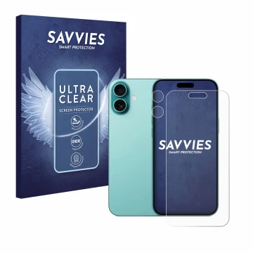 Front side of a product packaging with the brand logo Savvies. Next to it is the device Apple iPhone 16 Plus (Front+Camera) sh