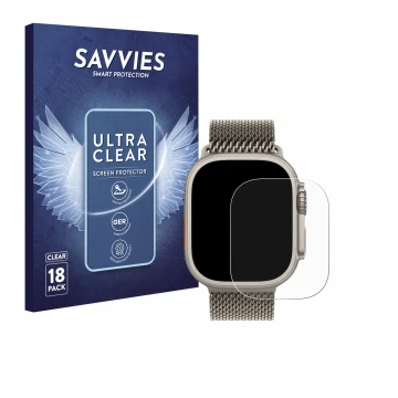 Front side of a product packaging with the brand logo Savvies. Next to it is the device Apple Watch Ultra 3 shown with the cor