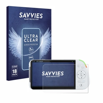 Front side of a product packaging with the brand logo Savvies. Next to it is the device Babysense MaxView-2CAM 5,5