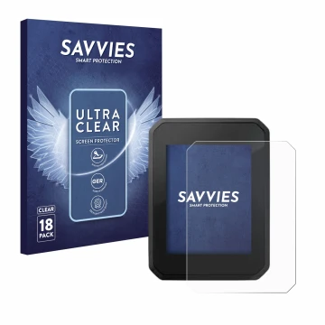 Front side of a product packaging with the brand logo Savvies. Next to it is the device FIT Display Compact 2.0 shown with the