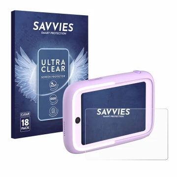 Front side of a product packaging with the brand logo Savvies. Next to it is the device Myfirst Camera 50 shown with the corre