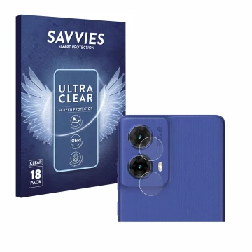 Front side of a product packaging with the brand logo Savvies. Next to it is the device Motorola Moto G85 (ONLY Camera) shown 