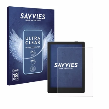 Front side of a product packaging with the brand logo Savvies. Next to it is the device Boox Go 6 shown with the corresponding