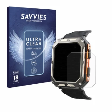 Front side of a product packaging with the brand logo Savvies. Next to it is the device Findtime Smartwatch 1.83