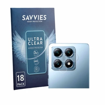 Front side of a product packaging with the brand logo Savvies. Next to it is the device Xiaomi 14T Pro (ONLY Camera Lens) show