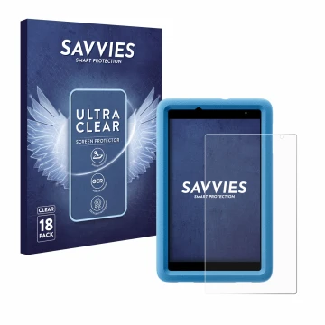 Front side of a product packaging with the brand logo Savvies. Next to it is the device Blackview Tab A5 Kids shown with the c