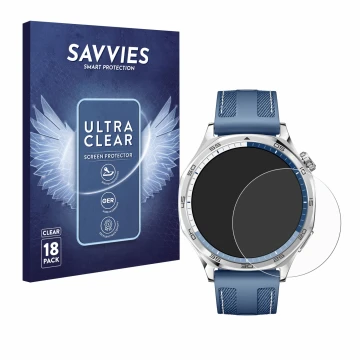 Front side of a product packaging with the brand logo Savvies. Next to it is the device Huawei Watch GT 5 (46 mm) shown with t