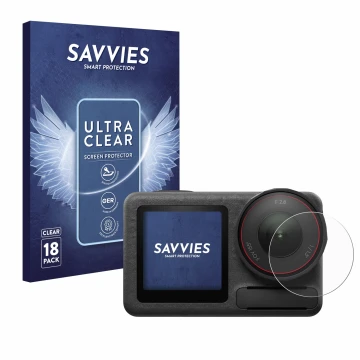 Front side of a product packaging with the brand logo Savvies. Next to it is the device DJI Osmo Action 5 Pro (Lens) shown wit