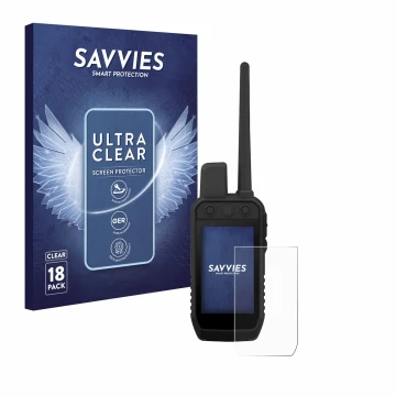 Front side of a product packaging with the brand logo Savvies. Next to it is the device Garmin Alpha 300 K shown with the corr