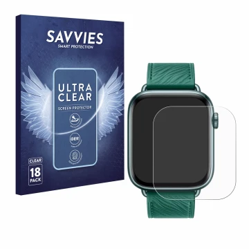 Front side of a product packaging with the brand logo Savvies. Next to it is the device Honor Watch 5 shown with the correspon