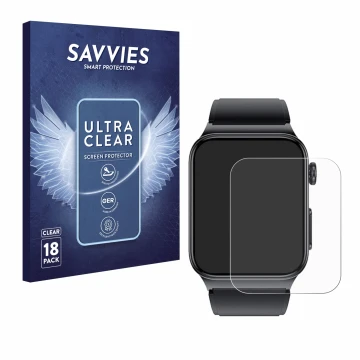Front side of a product packaging with the brand logo Savvies. Next to it is the device Douself Smartwatch 1.85