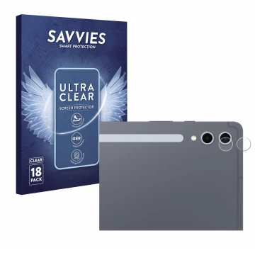 Front side of a product packaging with the brand logo Savvies. Next to it is the device Samsung Galaxy Tab S10 Plus 5G (ONLY C