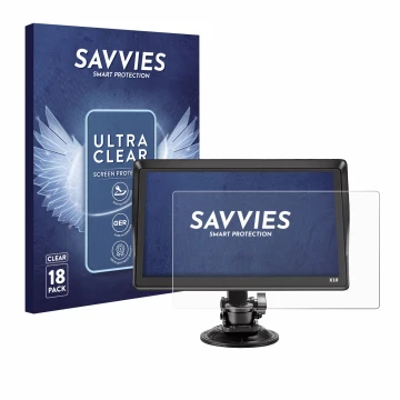 Front side of a product packaging with the brand logo Savvies. Next to it is the device Xgody X10 9