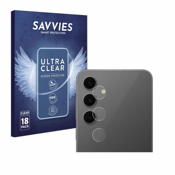 Front side of a product packaging with the brand logo Savvies. Next to it is the device Samsung Galaxy S24 FE (ONLY Camera Len