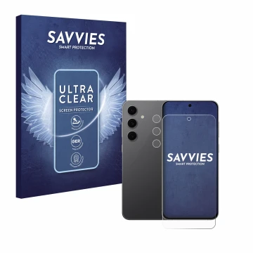 Front side of a product packaging with the brand logo Savvies. Next to it is the device Samsung Galaxy S24 FE (Front+Camera) s