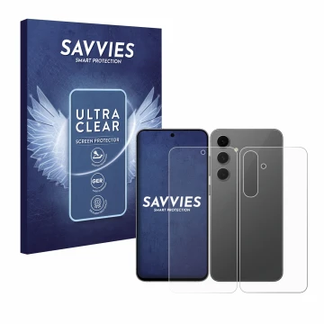 Front side of a product packaging with the brand logo Savvies. Next to it is the device Samsung Galaxy S24 FE (Front+Back) sho