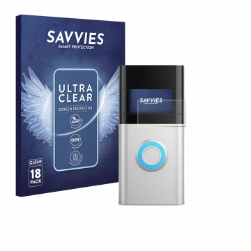 Front side of a product packaging with the brand logo Savvies. Next to it is the device Ring Video Doorbell 3 Plus shown with 