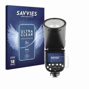 Front side of a product packaging with the brand logo Savvies. Next to it is the device Godox TT685 II shown with the correspo