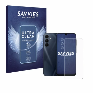 Front side of a product packaging with the brand logo Savvies. Next to it is the device Samsung Galaxy A16 5G (Front+Camera) s