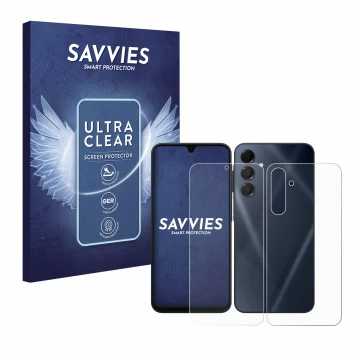 Front side of a product packaging with the brand logo Savvies. Next to it is the device Samsung Galaxy A16 5G (Front+Back) sho