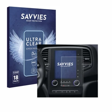 Front side of a product packaging with the brand logo Savvies. Next to it is the device Renault Scenic IV RLINK-2 2018 shown w