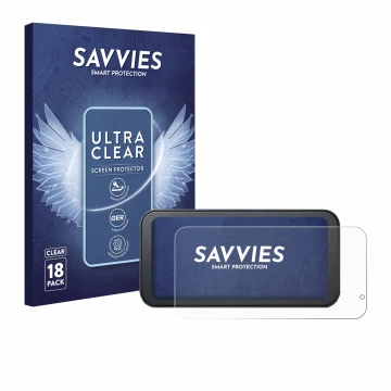 Front side of a product packaging with the brand logo Savvies. Next to it is the device Lamto Motorrad Carplay 6.25