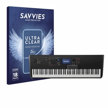 Front side of a product packaging with the brand logo Savvies. Next to it is the device Yamaha MODX8+ shown with the correspon