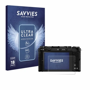 Front side of a product packaging with the brand logo Savvies. Next to it is the device Fujifilm X-M5 shown with the correspon