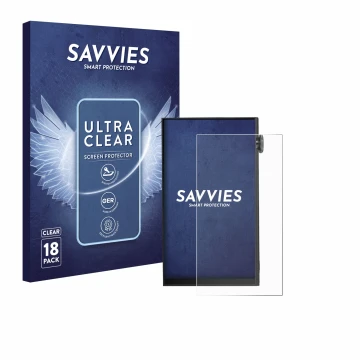 Front side of a product packaging with the brand logo Savvies. Next to it is the device iBasso DX180 shown with the correspond