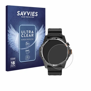 Front side of a product packaging with the brand logo Savvies. Next to it is the device Mobvoi Ticwatch Atlas shown with the c
