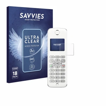 Front side of a product packaging with the brand logo Savvies. Next to it is the device AVM Fritz!Fon M2 shown with the corres
